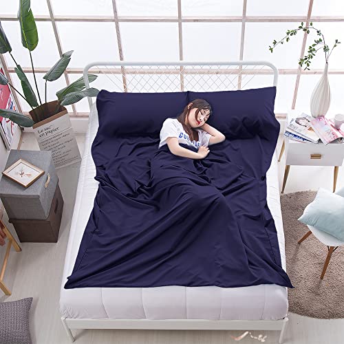 Bonng Sleeping Bag Liner Lightweight Compact Sleeping Bag Sack Portable Clean Travel Sheet Zippered Opening Feet Camping Sleep Sheet Backpacking Hotel& Hiking (Dark Blue, 82.7Inch X 70.9”) #TOP5