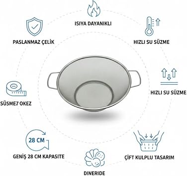 Premium 21 cm Paslanmaz Çelik Orta Boy Mutfak Süzgeci, Çift Kulplu Metal Pirinç Yıkama ve Makarna Süzme Kabı, Isıya Dayanıklı Delikli Sebze Meyve Kasesi (Gümüş)