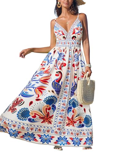 Image of CUPSHE Women's Summer Dresses Casual Spring V Neck Sleeveless Floral Beach Vacation Long Spaghetti Strap Flowy Maxi Dress