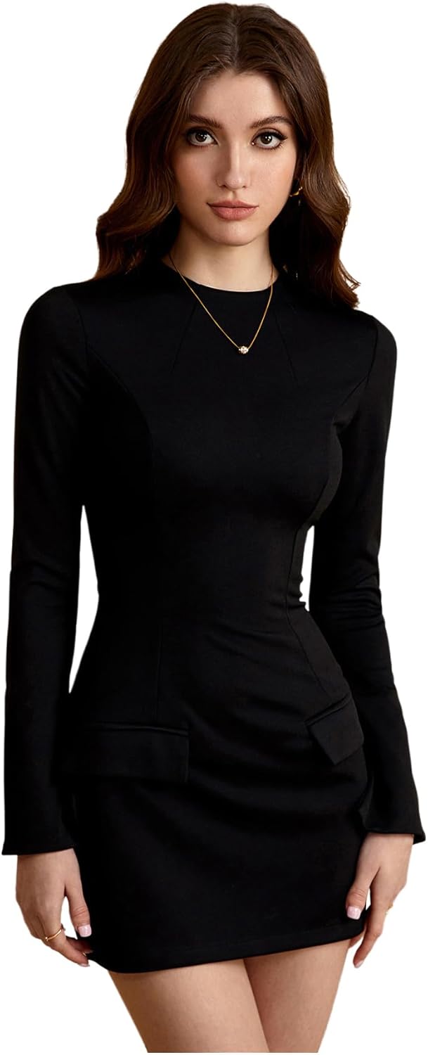 Women's Mock Neck Mini Dress Split Long Sleeve High Waisted Flared A Line Elegant Dresses