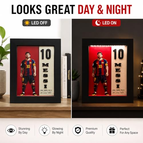 Image of 10 Messi Jersey Shadow Box Frame with LED Light | Football Fan Gift for Tabletop & Shelf Decor | Sports Display Box for Gaming Room, Bedroom & Office | 9 x 7 Inch (#10 Edition)