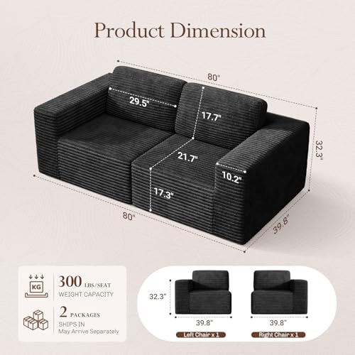 Image of Vesgantti 80 inch Modular Sectional Sofa, Corduroy Cloud Couch with Deep Seating & Spring Support, 2 Seater Compact Modular Couch, Boneless Sectional Sofa for Small Spaces, No Assembly Required, Black