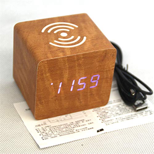 Preisvergleich Produktbild Sprachsteuerung Holz LED Wecker, Multifunktional Leuchtend Aufladen des Mobiltelefons Kabelloses Qi Ladegerät Weckeren, Anzeige Uhrzeit / Temperatur / Datum
