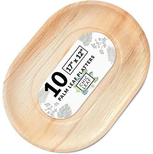 Chic Leaf Bandejas de hojas de palma como bandejas desechables de bambú para servir y plato de 17 x 12 pulgadas, grandes (10 unidades) – bandejas biodegradables y compostables de alta resistencia, tabla de embutidos desechable para bodas