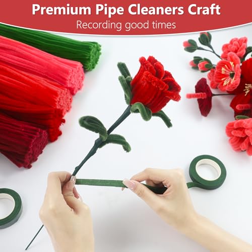 Image of 400 Pcs Pipe Cleaners Craft, 5 Assorted Colors Pipe Cleaners Bulk | Chenille Stems for DIY Flower Making Kit with Floral Wires, Gardening Tape,Stamen& Ribbon (Red)