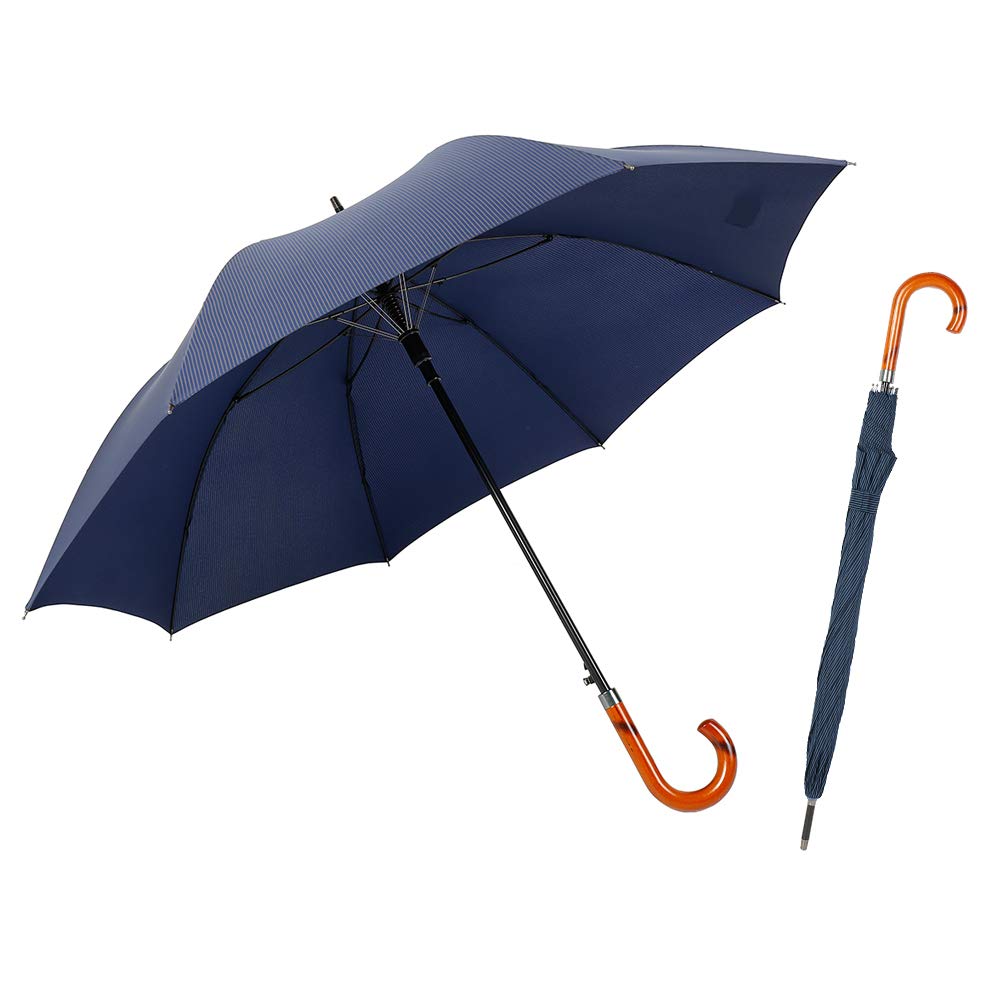 TIME LOVERTIME LOVER Stick Umbrella Oversize Windproof Umbrella Wooden Hook Handle J Stick Automatic Open Fast Drying Umbrella for Men Women(Navy stripe)