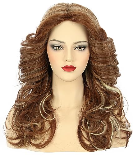karlery Women 70s Feathered Wig Long Brown Wave Disco Wig Singer Highlight Dyed Vintage Costume for Party Fashion Accessory