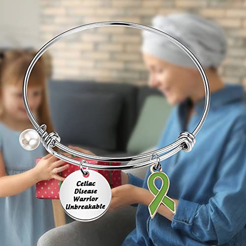 FEELMEM Celiac Disease Awareness Jewelry Celiac Disease Warrior Unbreakable Bracelet with Green Awareness Ribbon Charm Inspirational Cancer Survivor Gift4