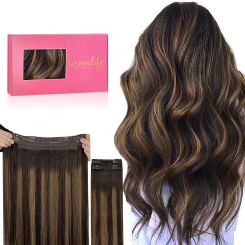 Image of WENNALIFE Wire Hair Extensions Real Human Hair 20 inch 140g Balayage Dark Brown to Chestnut Brown Remy Hair Invisible Transparent Wire Straight Reusable Natural Easy to Apply Reusable for Volume