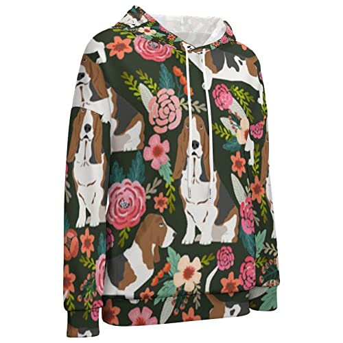 Amrandom Thin Hooded Sweater For Women (Basset Hound Dog Floral Print) Lightweight Girls Pullover Tops Essential Hoodie Fall Jacket Long Sleeve Sweat Shirts #TOP7