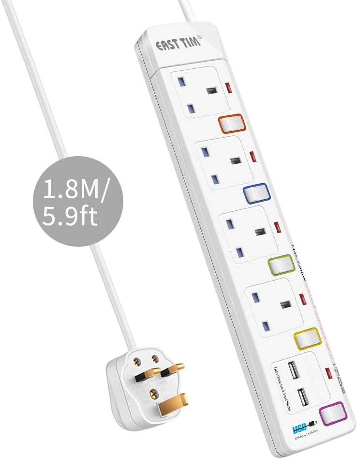 Extension Lead with USB,EASTTIM 4 Way Outlets 2 USB Slots Wall Mounted Surge Protection Multi Power Plug Extension with 1.8M Extension Cord for Home Office