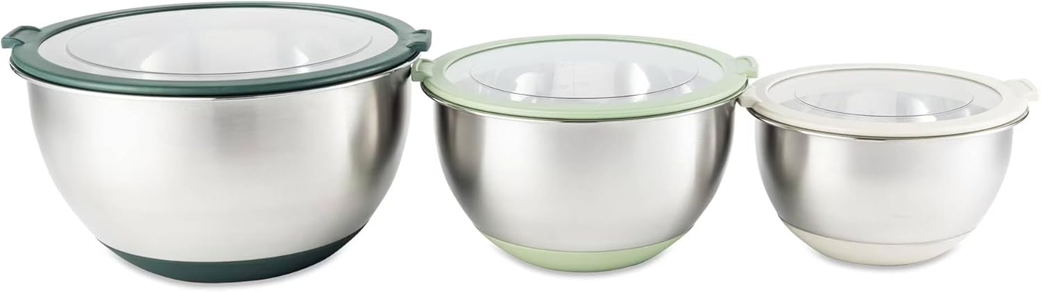 6-Piece Nesting Mixing Bowl Set with Transparent Lids, Non-Slip Base, Dishwasher Safe, 1.5 Quart, 3 Quart, 5 Quart Bowls (Blue)