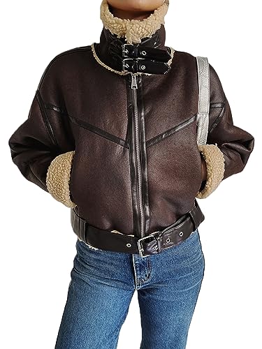 Winter Women Faux Lamb Sherpa Aviator Bomber Jacket Vintage Cropped Coat3