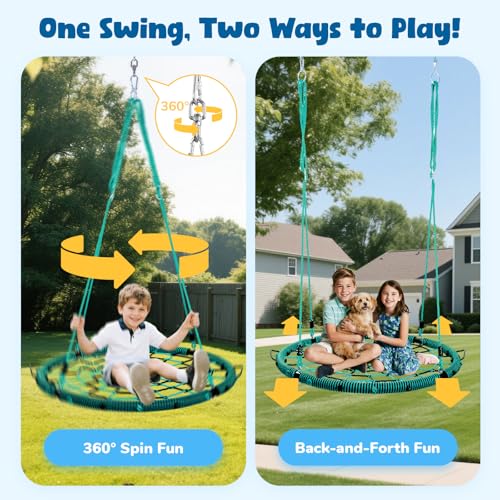 Image of Trekassy 750lbs 40 inch Spider Web Saucer Tree Swing for Kids Adults, Outdoor Net Swing with Steel Frame and 2 Hanging Straps-Green+Black (Patented)