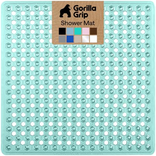 Image of GORILLA GRIP Patented Square Shower Stall Mat, Small Bathtub Floor Mats for Stand Up Showers with Suction Cups and Drainage Holes, Machine Wash, Soft on Feet, Bathroom Accessories 21x21 Inch, Green