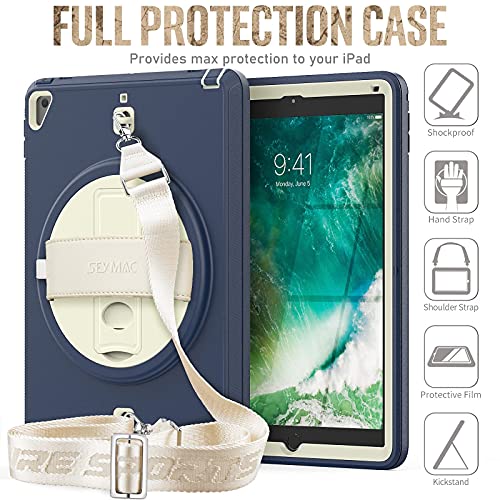 Seymac Ipad 5Th/6Th Generation Case, Ipad 9.7 Case 2018/2017, Full Protection Shockproof Case With Screen Protector Pencil Holder 360 Rotatable Stand/Hand Strap For Ipad Air 2/ Ipad Pro 9.7 Navy Blue #TOP6