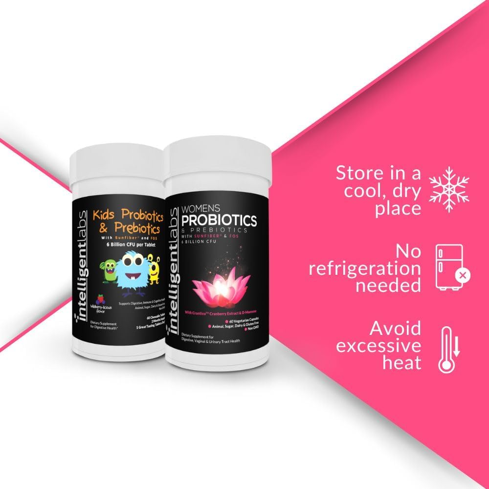 Intelligent Labs 2-in-1 Bundle of Kids’ Probiotics with Hydrolyzed Guar Gum and FOS + Women’s Probiotics (UTI Formula with Cranberry & D-Mannose), No Refrigeration Required, 2 Months Supply Per Bottle