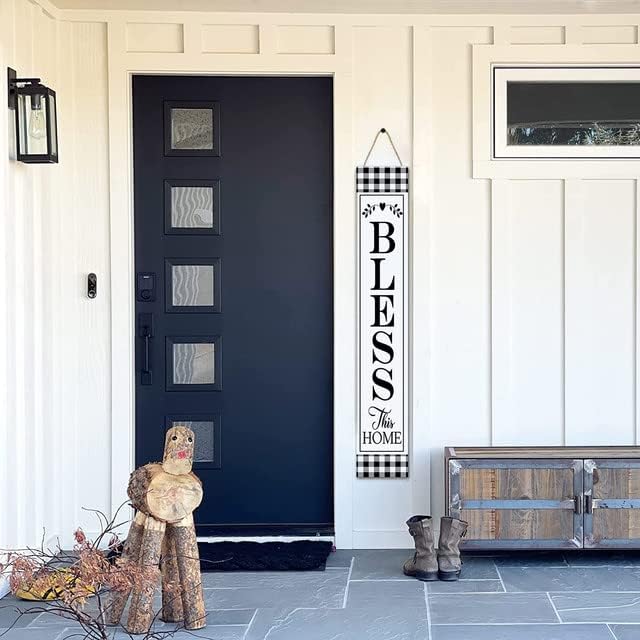 (48inx8in) Tall Bless This Home Vertical Signs for Front Porch Standing Hanging Large Buffalo Plaid Bless Sign for Front Door Home Decoration Farmhouse Wall Decor Outdoor Indoor