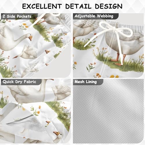 Pigsaly Boys' Swim Board Shorts Spring Flowers Grass White Geese Goose Boy's Swim Trunks Kids Swimwear 5T3