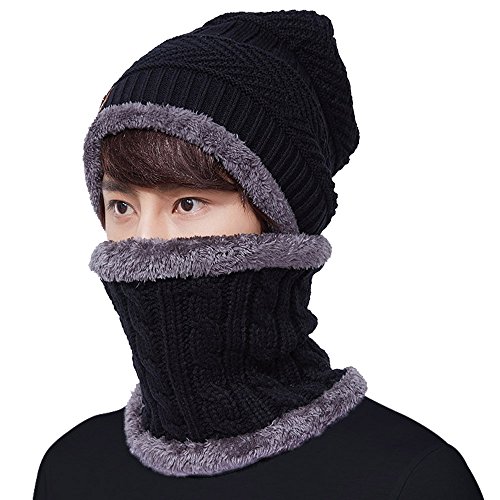 Homme Bonnet Chaud Chapeaux avec Écharpe Hiver Froid Tricot 2Pcs Unisexe (Noir)