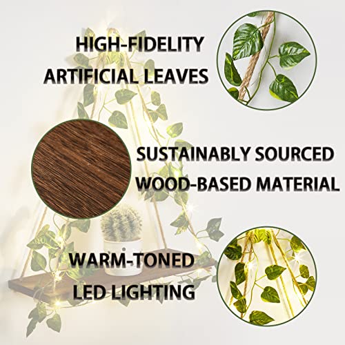 Lunkoen Ivy Lighting Organize String Wooden Hanging Shelves Braided Rope[Set Of 2],Floating Shelves For Living Room Wall Decor,Hanging Plant Wall Shelf #TOP1