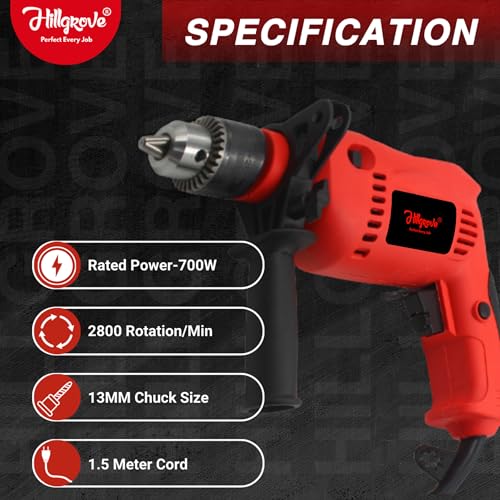 Image of Hillgrove HGCM1152M1 700W Power Drill Machine with 9Pcs All Type Drill Bits for Making Holes in Metal /Wood /Concrete with Reverse Rotation and Variable Speed Pistol Grip Drill (13 mm Chuck Size)