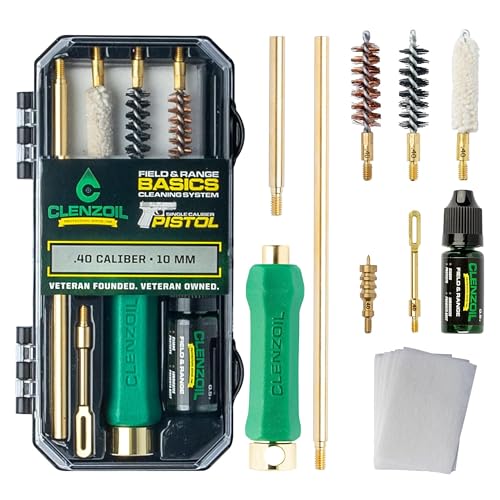 Clenzoil Pistol Basics Single-Caliber Cleaning Kit - All-in-One Gun Cleaning Kit - Gun Maintenance & Firearm Care - with Bore Brushes, Gun Oil & More - for 40 Caliber & 10 mm Pistols
