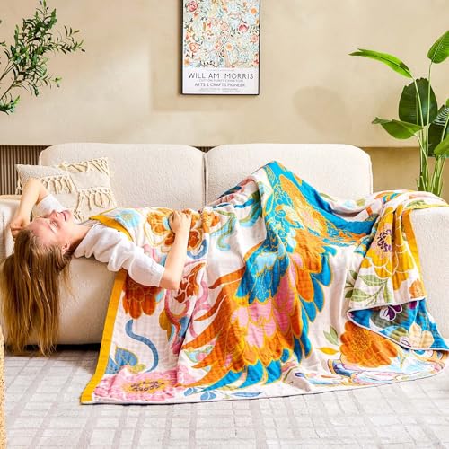 Image of XIBLC Boho Throw Blanket, Lightweight Blankets for Summer, 100% Cotton Bohemian Decorative Throw Blanket, 90 inchx98 inch Reversible Muslin Breathable Woven Farmhouse Blankets Quilt,