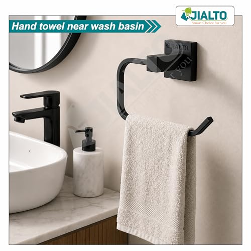 Image of JIALTO Premium Matte Black Finish Towel Ring - Wall Mounted, Rust-Free, Stainless Steel Towel Holder for Bathroom & Kitchen (Matte Black, Pack of 1)