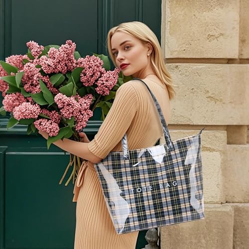 Image of KALIDI PVC Zipper Tote Bag, Jelly Kraft Paper Beach Bag Large Hobo Carry All Travel Shopping Handbag Plastic Shoulder Bag