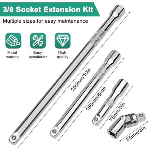 Image of STHIRA 4-Piece 3 /8 inch Drive Socket Extension Bar Set, Includes 3 inch /6 inch /10 inch Extensions with Universal Joint Adapter, Heavy-Duty Carbon Steel Socket Extension Kit for Automotive and Mechanical Use