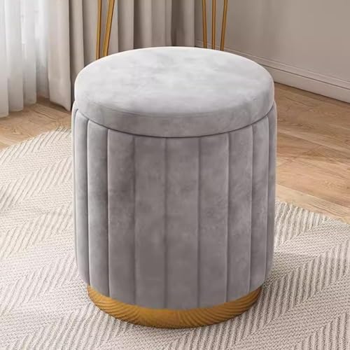 Image of Round Upholstered Velvet Ottoman Seating Stool with Gold Metal Base Multifunctional Makeup Vanity Chair Soft Compact Padded Foot Rest Stool for Living Room Bedroom Gray