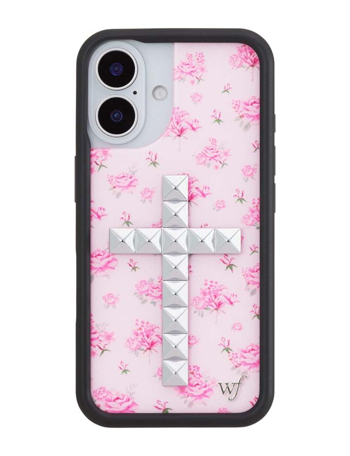 Image of Wildflower Cases - Compatible with iPhone 16 | Protective Black Bumper, 6.5ft Drop Test Certified, Women Owned Small Business | Stud Cross Forget Me Not Floral Pink