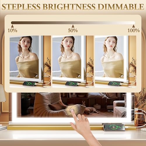 Vanity Mirror with Lights, 32" x 22" Large Lighted Vanity Mirror with Dimmable 3 Modes, LED Makeup Mirror, 10X Magnification, USB Charging Port, Tabletop or Wall-Mounted Square Gold
