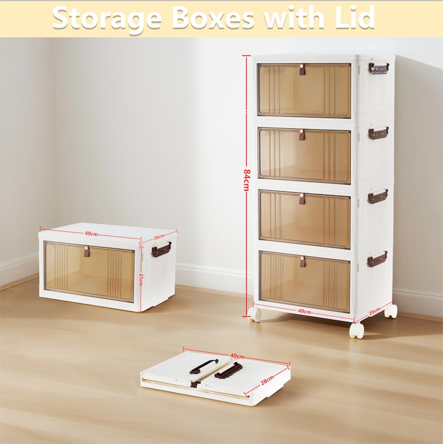 Image of BARGAIN FACTORY 4-Tier Stackable Storage Box Set with Lids, 23L Capacity per Tier, Wheeled Storage Bins with Brakes