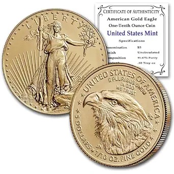 2024 1/10 oz American Gold Eagle Coin Brilliant Uncirculated with Certificate of Authenticity