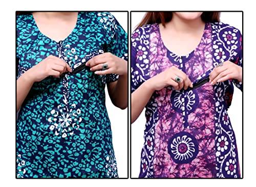Image of Feeding Nighty in Fine Cotton 2 Side Zips for Feeding Purpose & Neck Buttons for Easy Wearing Soft Cotton Maternity Nighty for Women Feeding Combo Feeding Nighty for Women Cotton Combo of 2Pcs