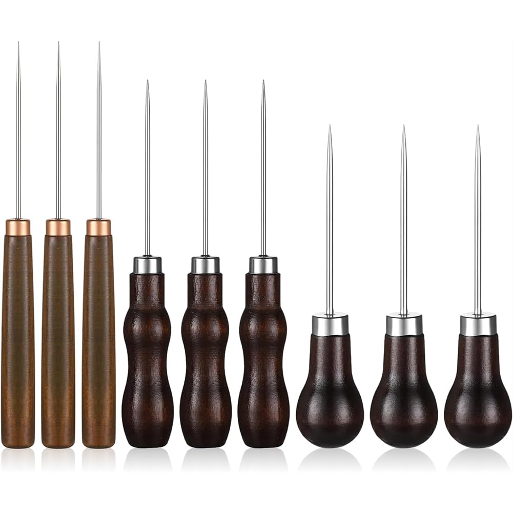 Littimoon Sewing Awl Set 9 PCS Gourd Shape Wooden Handle Scratch Tool DIY Handmade Pin Punching-Needles Kit for Leather Sewing