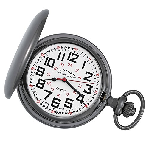 Gotham Men’s Gunmetal Railroad Polished Finish Covered Quartz Pocket Watch # GWC15044B