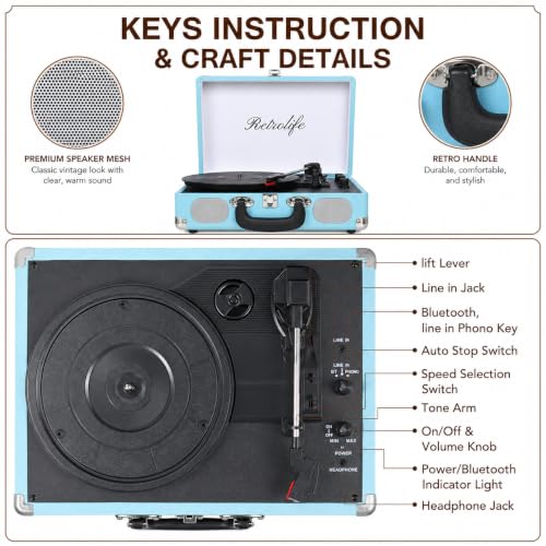 Image of Retrolife Record Player 3-Speed Bluetooth Portable Turntable-Sky Blue | Belt-Driven with Built-in Speakers, Wireless Bluetooth Input, RCA Out AUX In Headphone Jack, Auto-Stop, Gift for Music Lovers