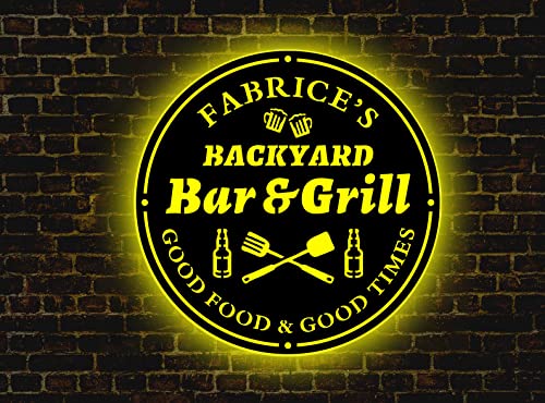 Soulglass Bar & Grill Metal Sign with LED Lights, Backyard Patio Wall Art, Bar Sign, Grill Sign