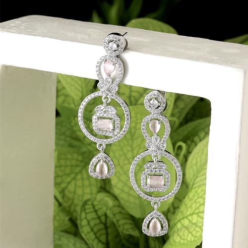 Rhodium-Plated Circular Drop Earrings with American Diamond