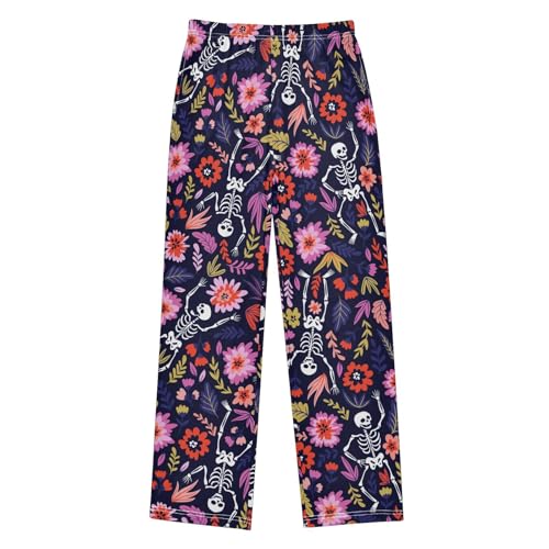 Skeleton Wildflowers Boys Long Pants Soft Trousers Elastic Waist Kids Lounge Bottoms with Pockets S-XL