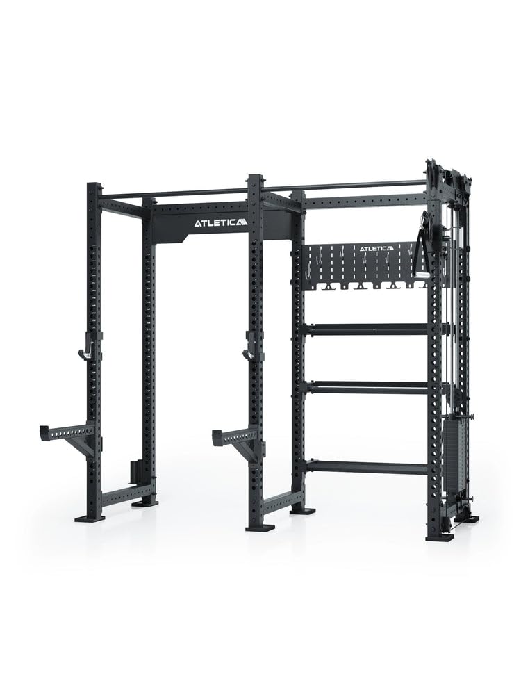ATLETICA R8 Falcon R | czarny | kompaktowy stojak Power Rack z linką | blok obciążeniowy 95 kg i kompletny system przechowywania – idealny do studia i treningu osobistego