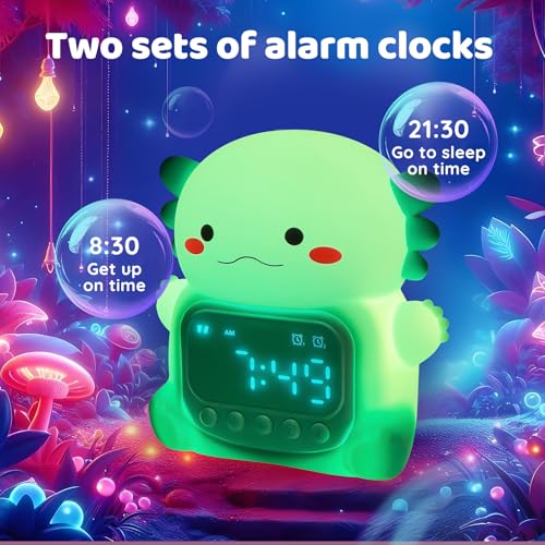 Image of Axolotl Alarm Clock with Night Light for Kids, Rechargeable Silicone Lamp Time to Wake Clock Cute Animal Tabletop Lamp, Perfect Sleep Companion for Boys Girls, Green