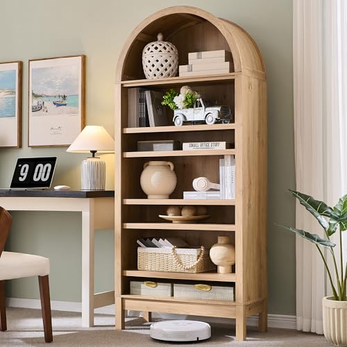 IFGET 71' Tall Arched Bookshelf, 7 Tiers Arch Bookcase with Storage, Modern Farmhouse Book Shelf with Adjustable Shelves, Wood Bookshelf w/Open Display Shelves for Living Room, Office (Natural)