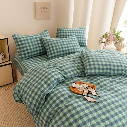 Image of ECOCOTT Grid Plaid Duvet Cover Queen Size -100% Washed Cotton Linen Like Textured Breathable Durable Soft Comfy Bedding Set Mini Green Blue Plaid Comforter Cover