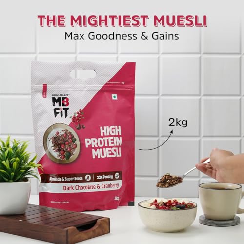 Image of MuscleBlaze Fit High Protein Muesli, Dark Chocolate & Cranberry, 2kg | 22g Protein | With Raisins, Almonds & Super Seeds,High Protein Breakfast Cereals