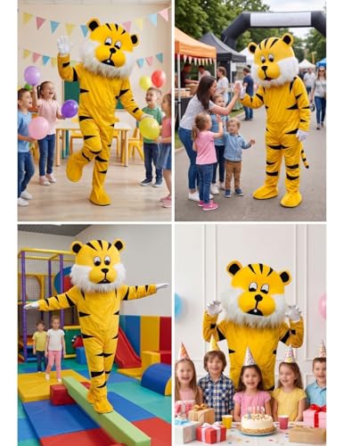Image of BookMyCostume Sherkhan Tiger Cartoon Mascot Costume For Theme Birthday Party & Events | Adults,yellow /black,Fleece