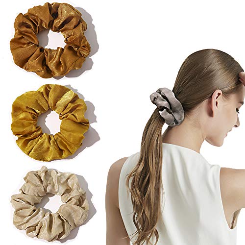 Image of Silk Satin Scrunchies Women Hair Ties - Ivyu Big Scrunchy Ponytail Holder No Crease Hair Bands Soft Elastic No Hurt Your Hair for Vsco Girl Women Beige Gray Dard Yellow Light Yellow